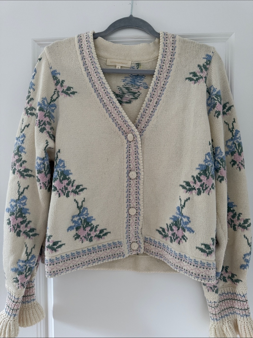LoveShackFancy Cream Floral V‑Neck Cardigan with Pink & Blue Blooms